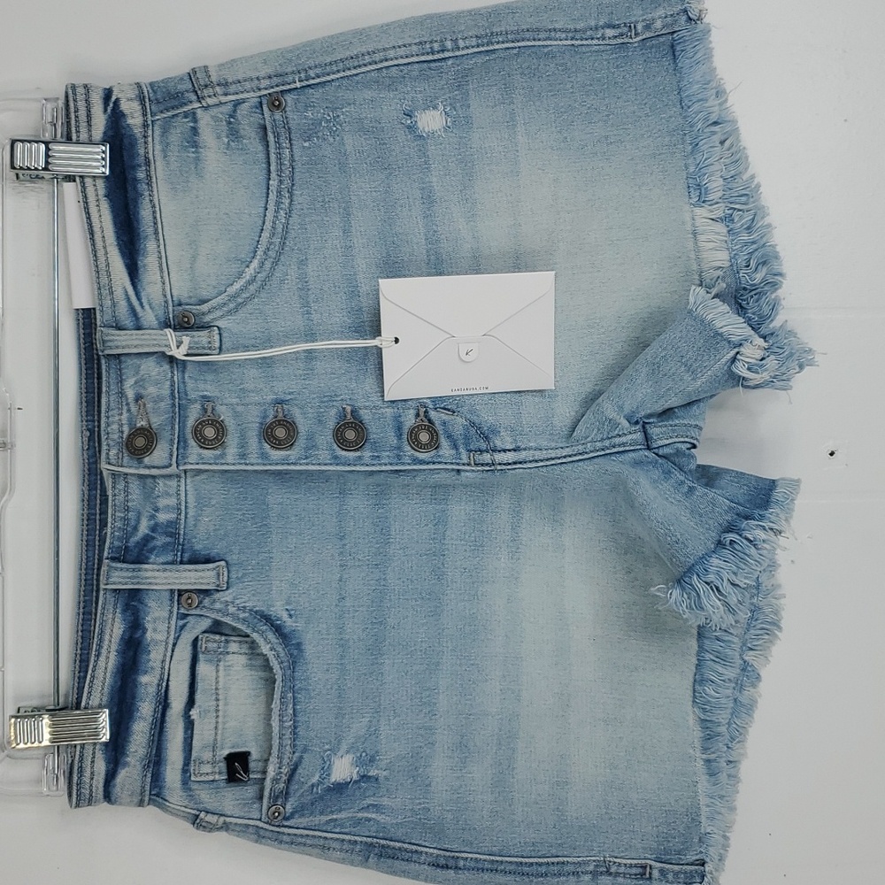 Kancan Jean Shorts Denim Fly Fringe Trim Lightwash High Rise Womens L 3 Inch